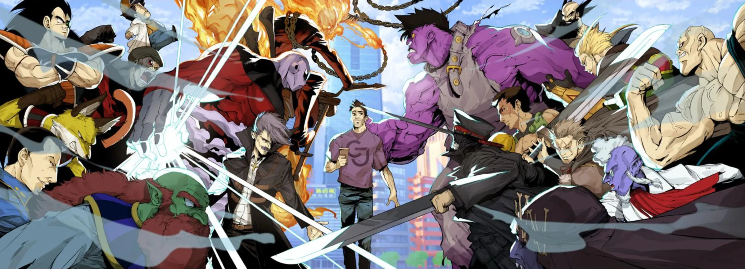 Ilustración con personajes doblados por Carlos J. Pérez: Jiren, Raditz, Ghost Rider, Dr. Mundo, Katana Man, Salvatore Moreau y otros